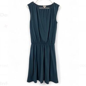 Garnet Hill Blouson Drop Waist Dress Organic Cotton Teal Blue Size Women Medium